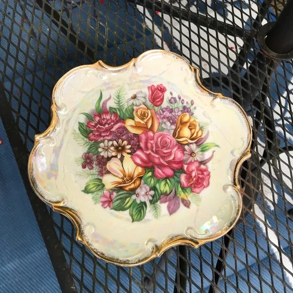 Vintage Lusterware Luster Vibrant Floral Pedestal Compote Gorgeous! - Picture 7 of 10